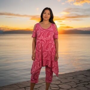 Sun Moda California Pink Paisley Dress & Crop Leggings Women's Size 2X NWT